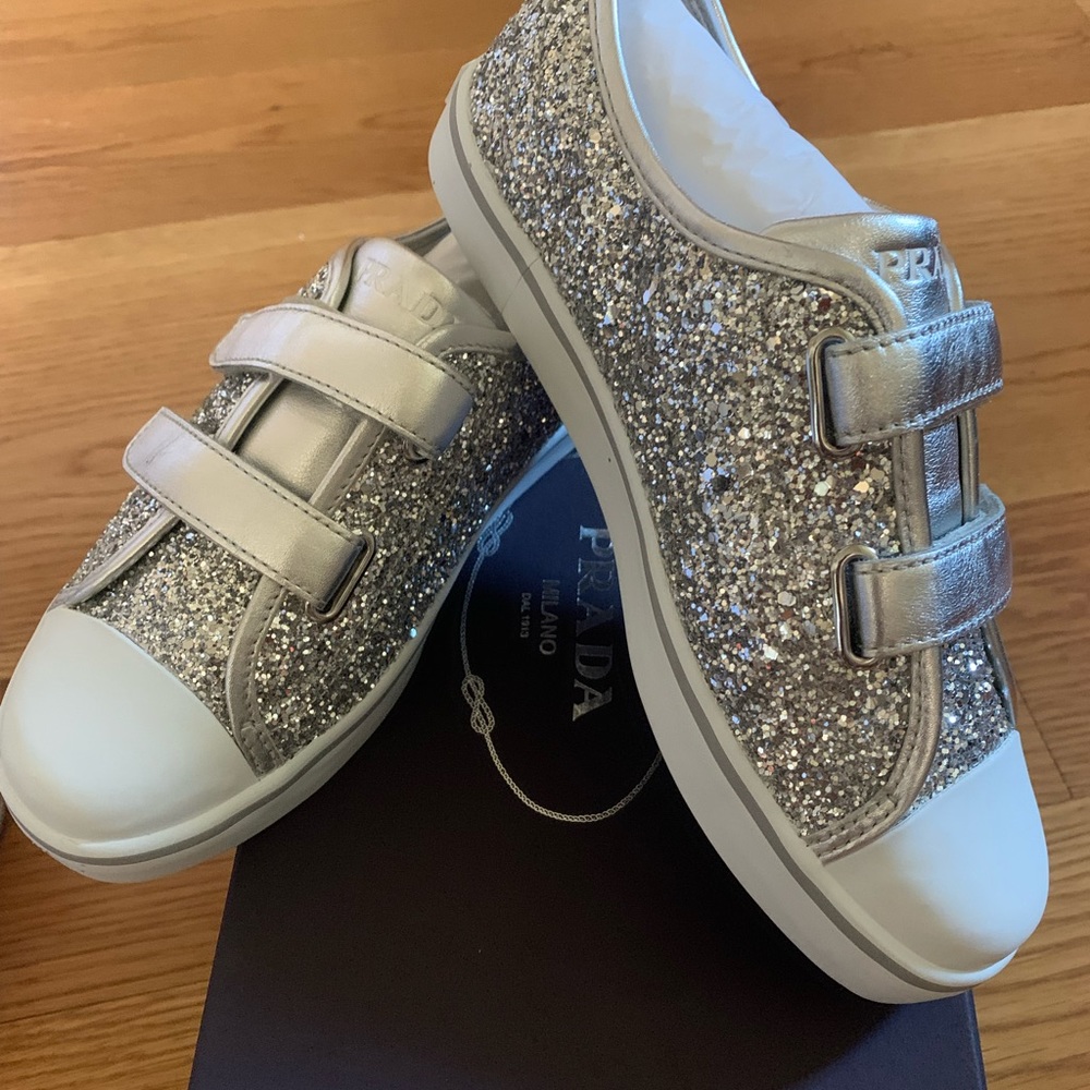 Prada silver Glitter Sneaker Silver Flat Sz 36